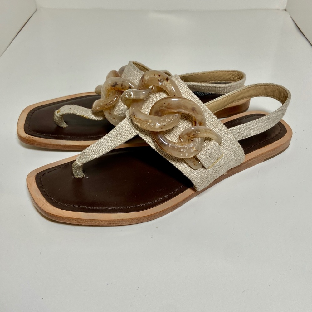 Lafayette 148 New York Cream and Brown Chain Sandals